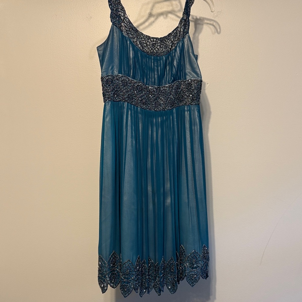 Ladies formal wear, dress with beaded straps, hem, neckline and high waist